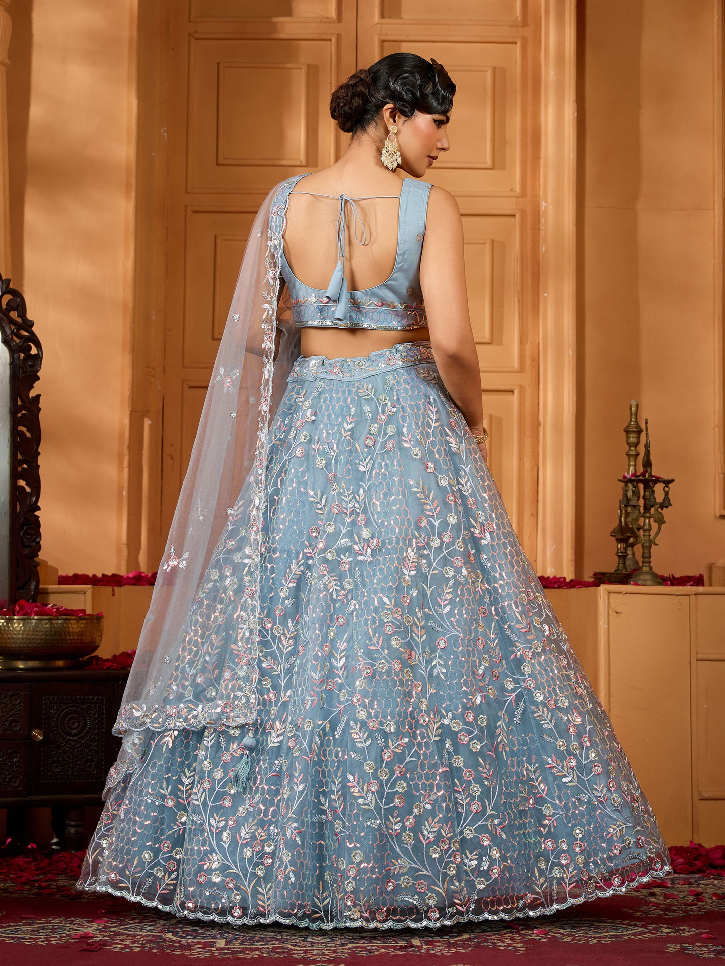 Grey Net Sequins Embroidery Bridesmaid Lehenga for Sangeet