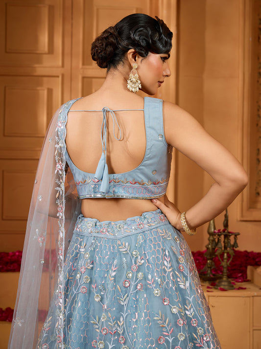 Grey Net Sequins Embroidery Bridesmaid Lehenga for Sangeet