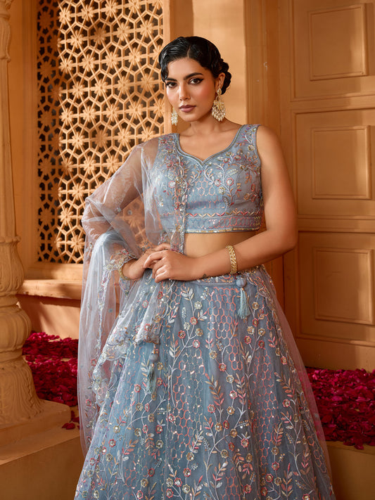 Grey Net Sequins Embroidery Bridesmaid Lehenga for Sangeet