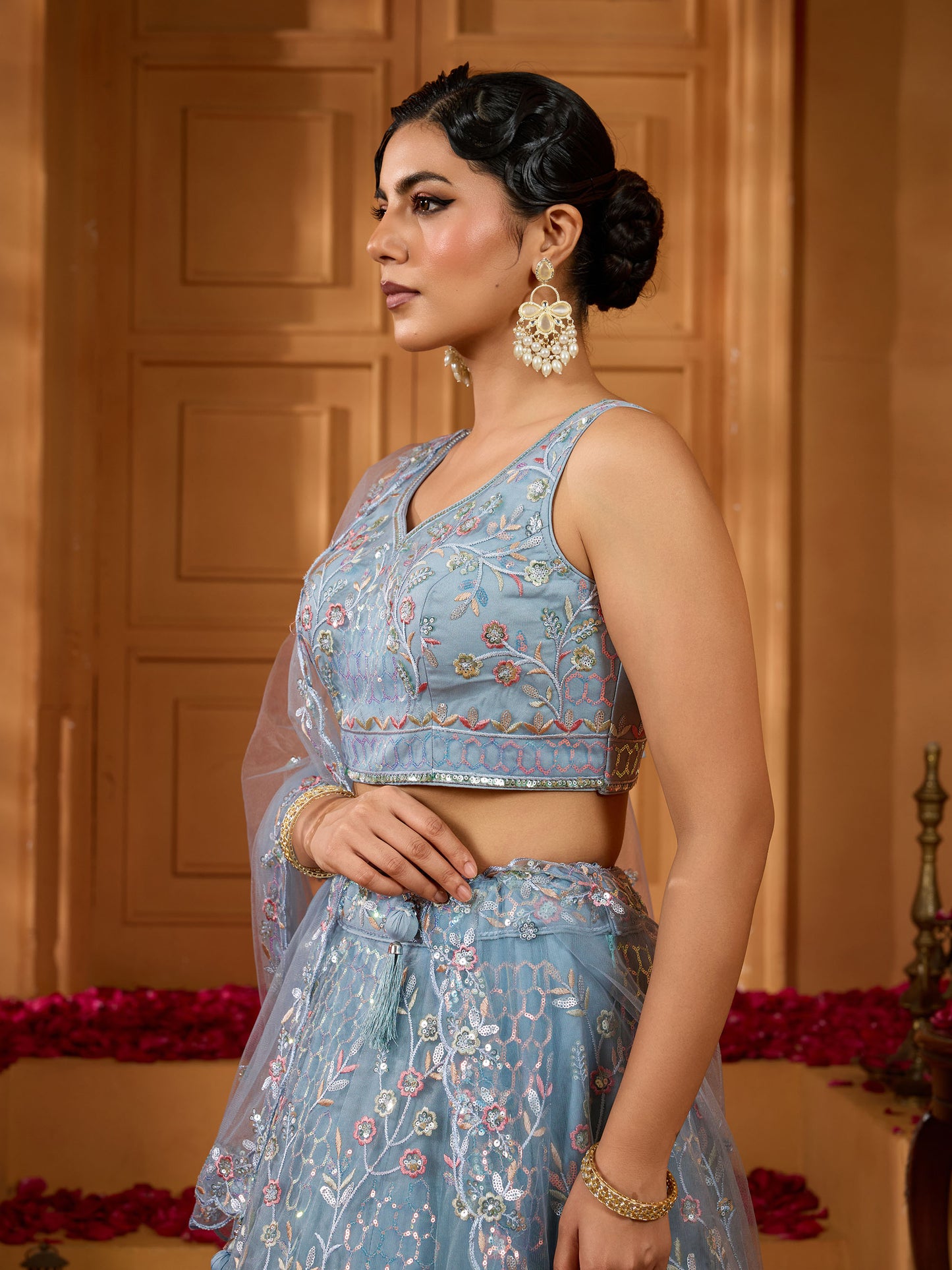 Grey Net Sequins Embroidery Bridesmaid Lehenga for Sangeet