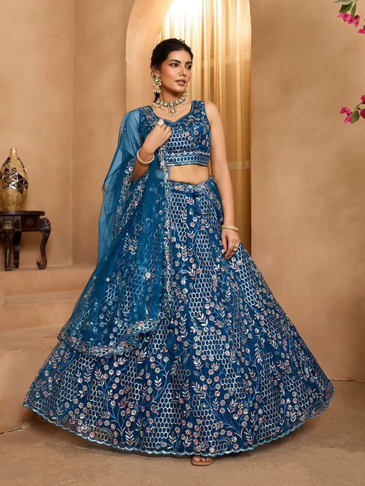 Navy Blue Net Sequins Embroidery Bridesmaid Lehenga