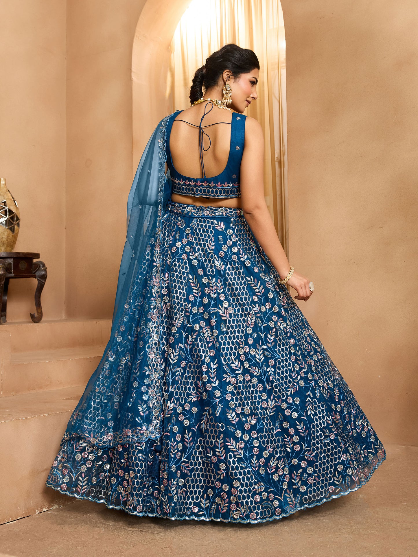 Navy Blue Net Sequins Embroidery Bridesmaid Lehenga