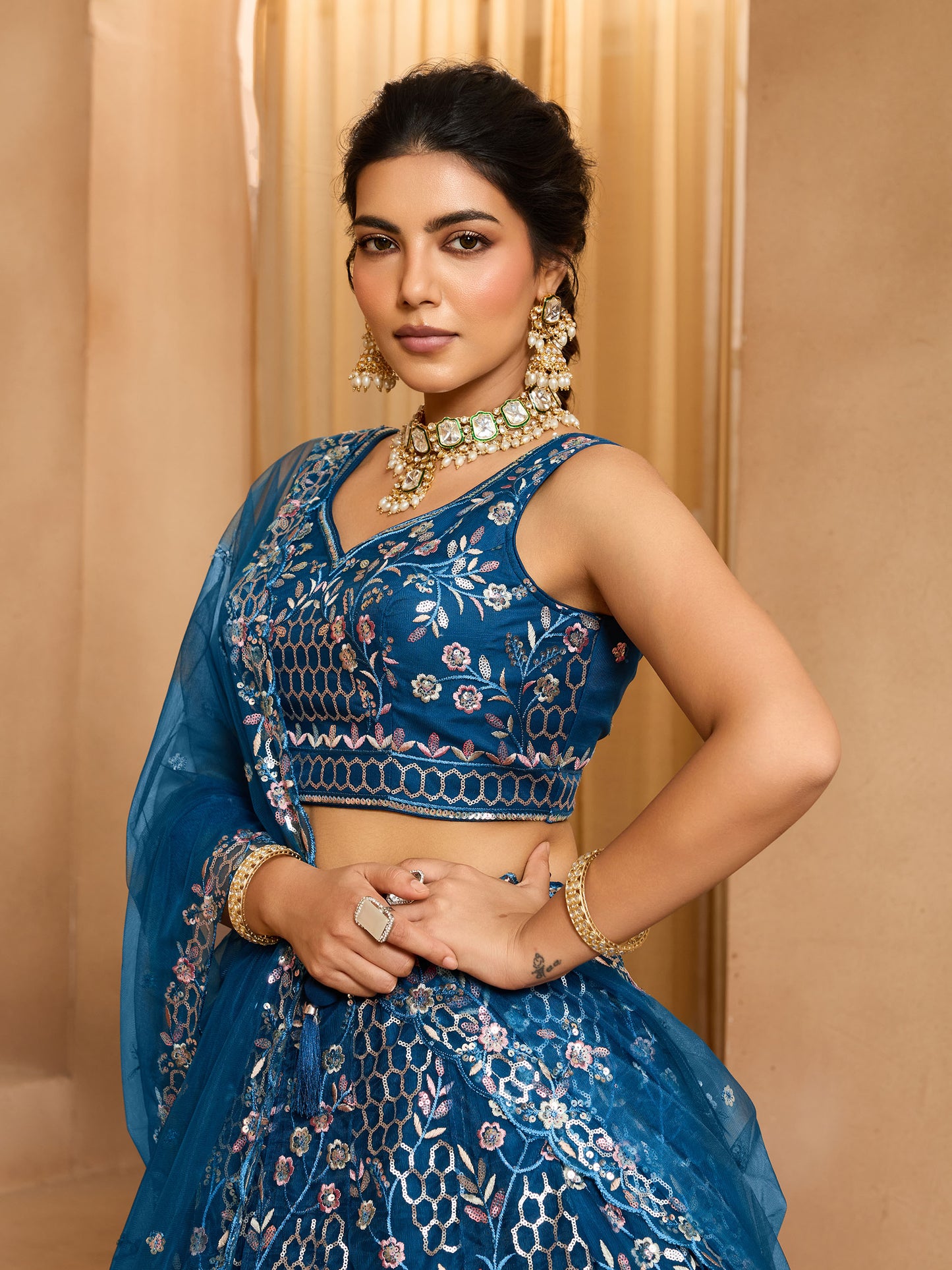 Navy Blue Net Sequins Embroidery Bridesmaid Lehenga