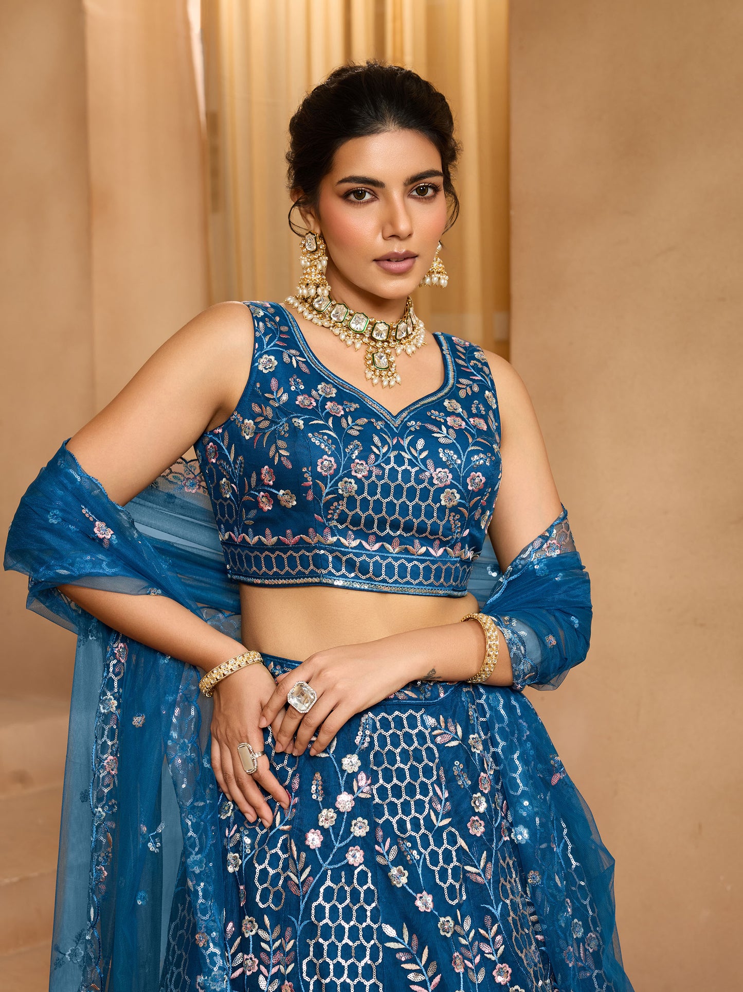 Navy Blue Net Sequins Embroidery Bridesmaid Lehenga