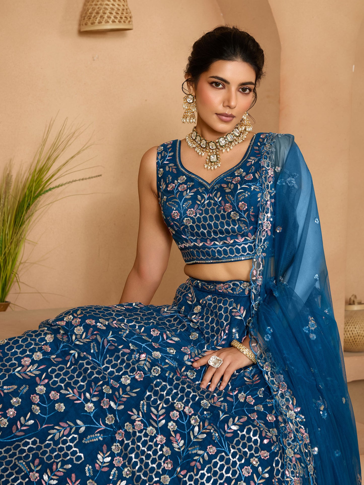 Navy Blue Net Sequins Embroidery Bridesmaid Lehenga
