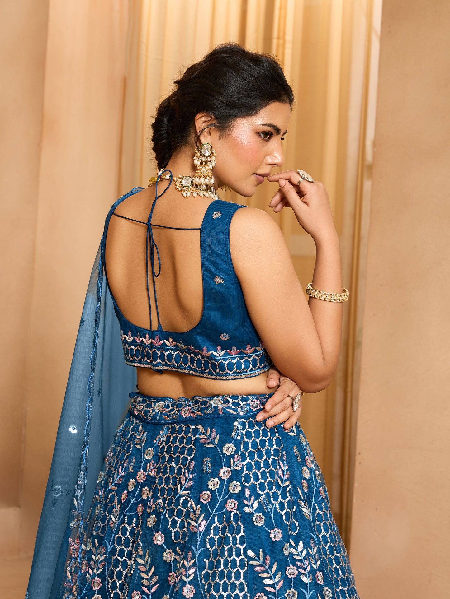 Navy Blue Net Sequins Embroidery Bridesmaid Lehenga