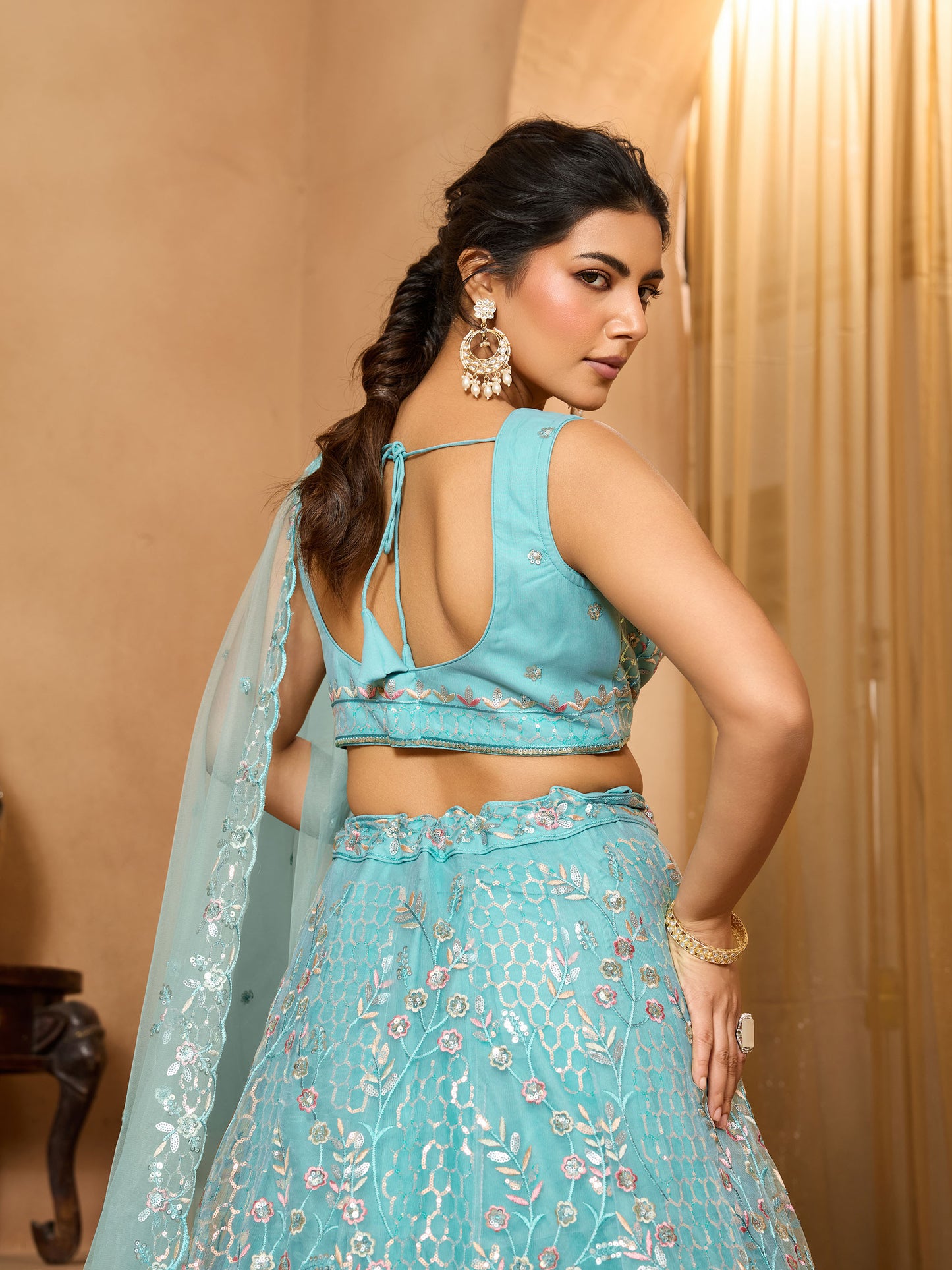 Sea Green Net Sequins Embroidery Bridesmaid Lehenga