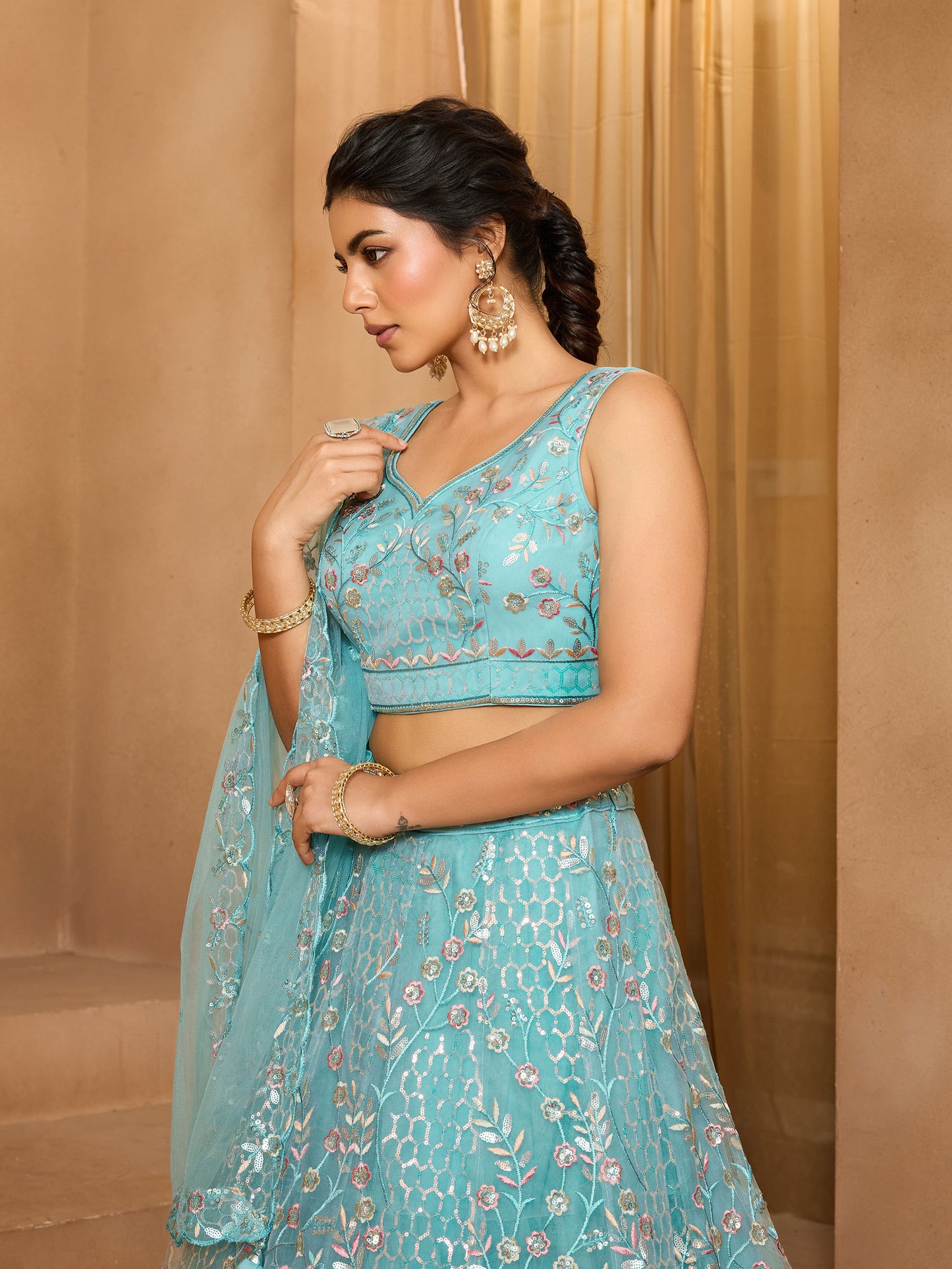 Sea Green Net Sequins Embroidery Bridesmaid Lehenga