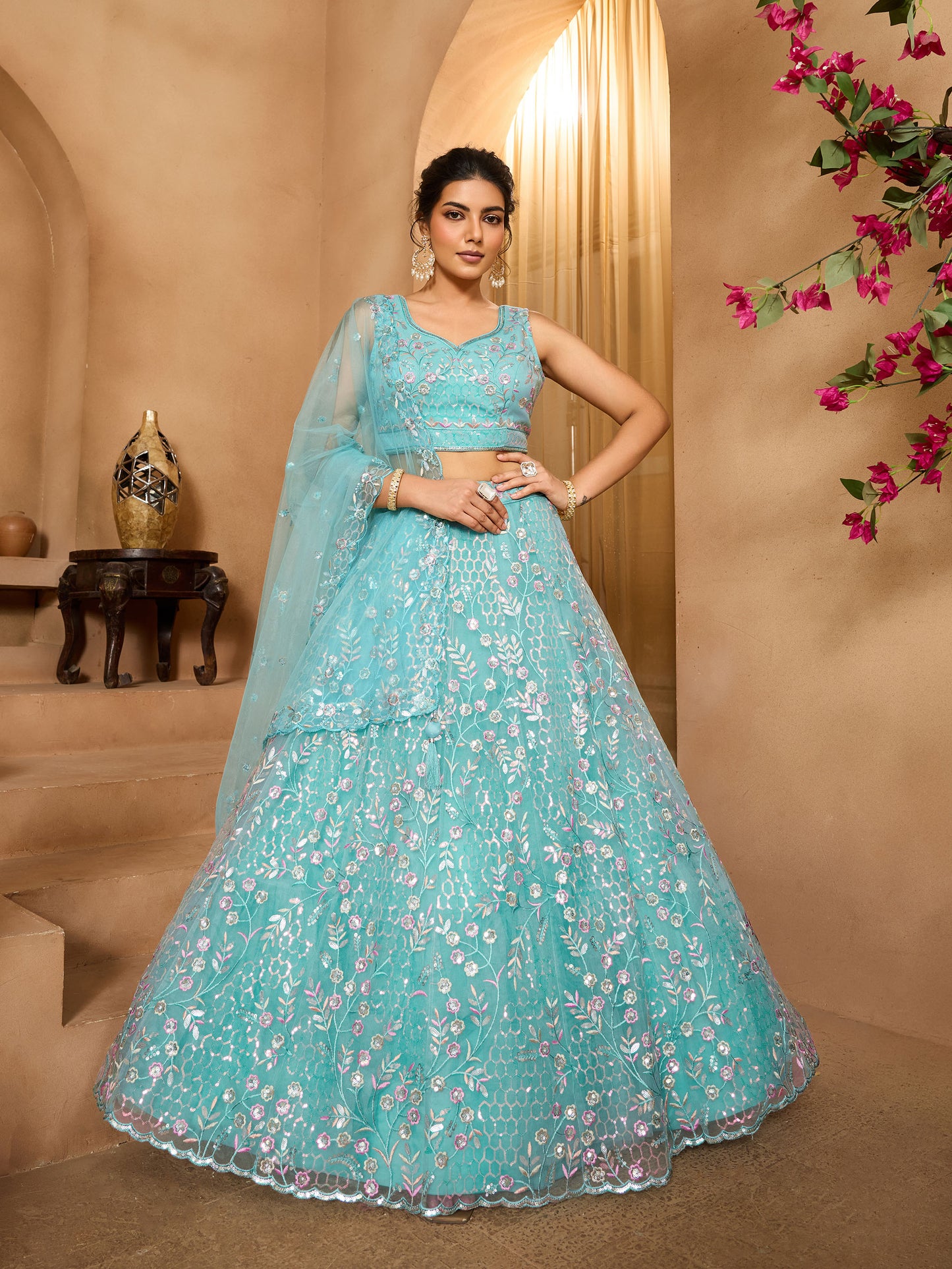 Sea Green Net Sequins Embroidery Bridesmaid Lehenga