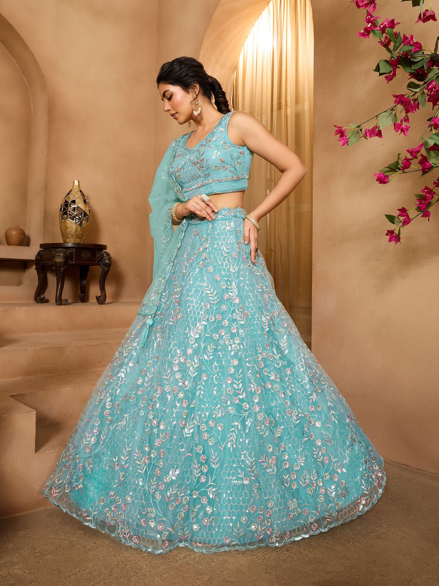 Sea Green Net Sequins Embroidery Bridesmaid Lehenga