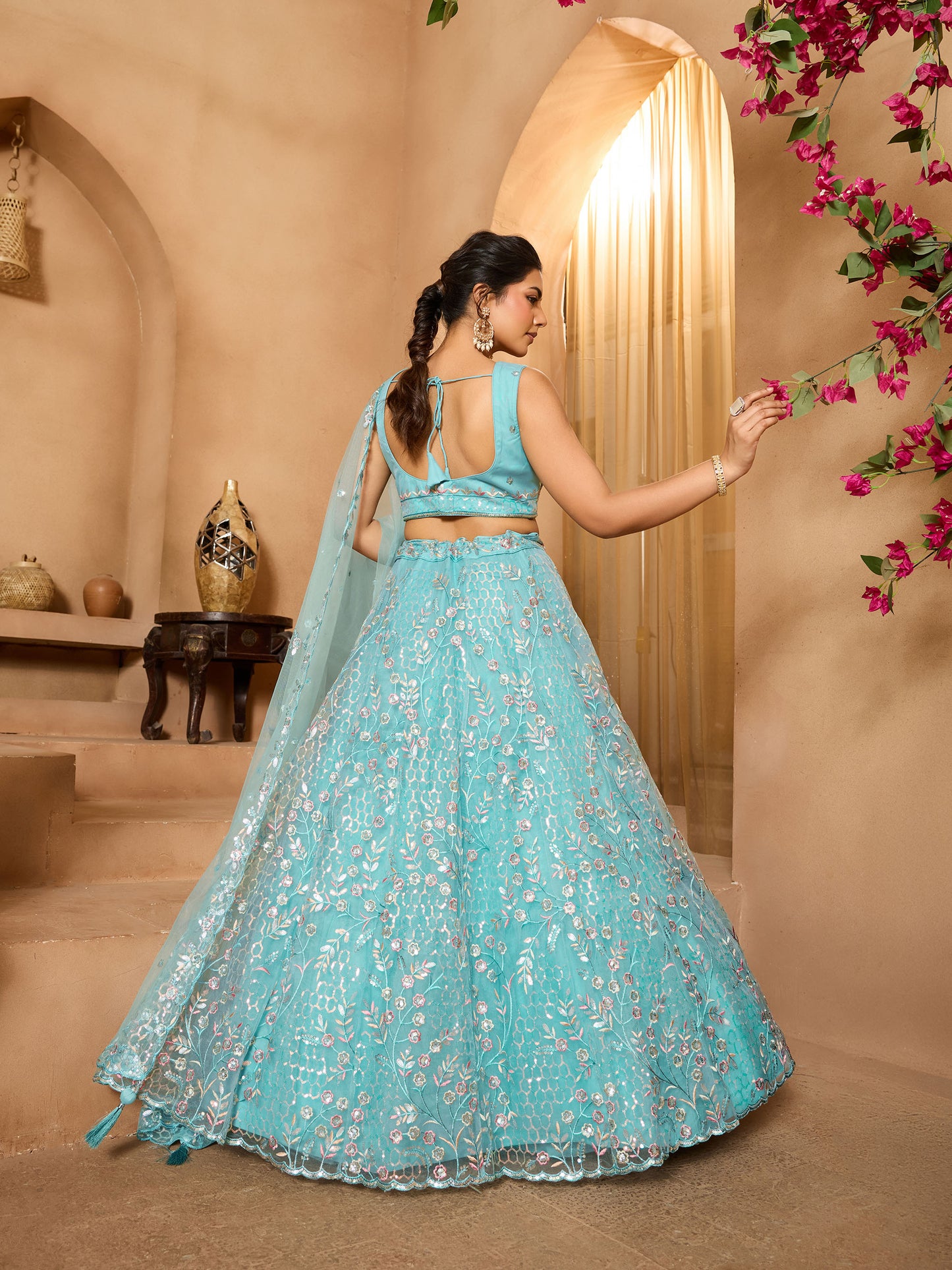 Sea Green Net Sequins Embroidery Bridesmaid Lehenga
