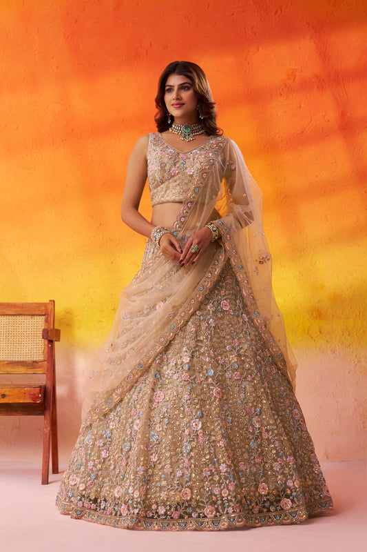 Beige Net Heavy Sequins & Floral Embroidery Bridal Lehenga