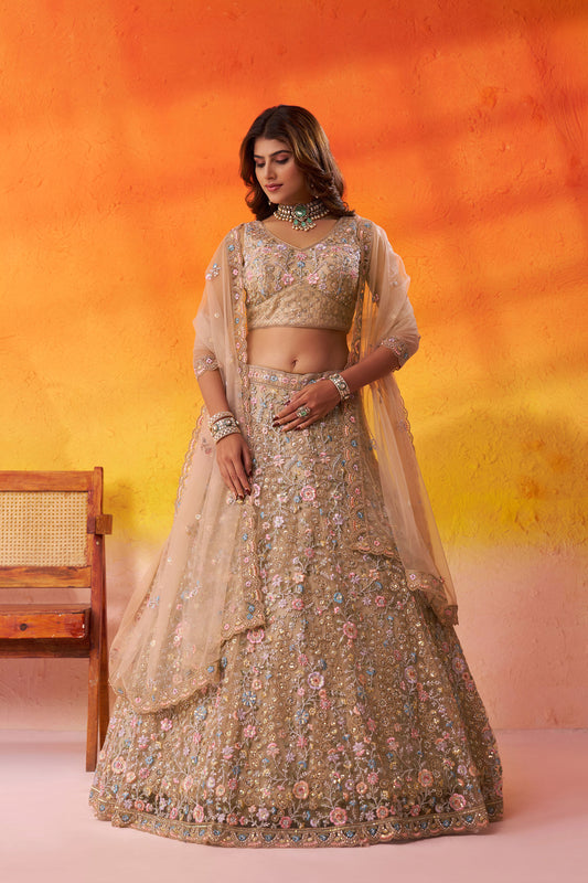 Beige Net Heavy Sequins & Floral Embroidery Bridal Lehenga