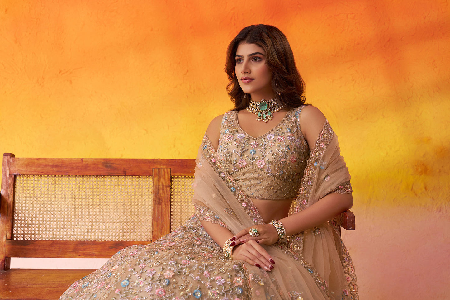 Beige Net Heavy Sequins & Floral Embroidery Bridal Lehenga