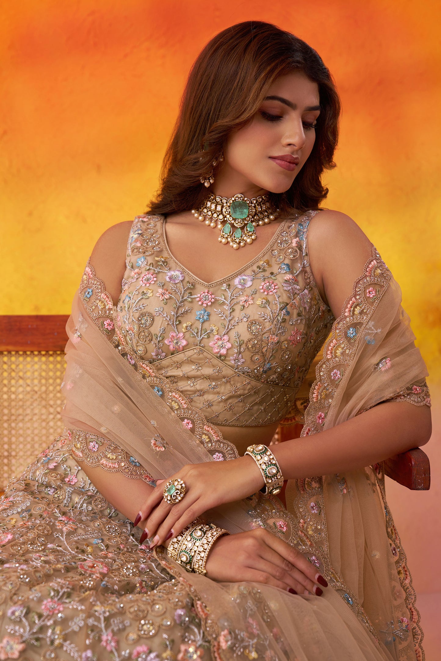 Beige Net Heavy Sequins & Floral Embroidery Bridal Lehenga