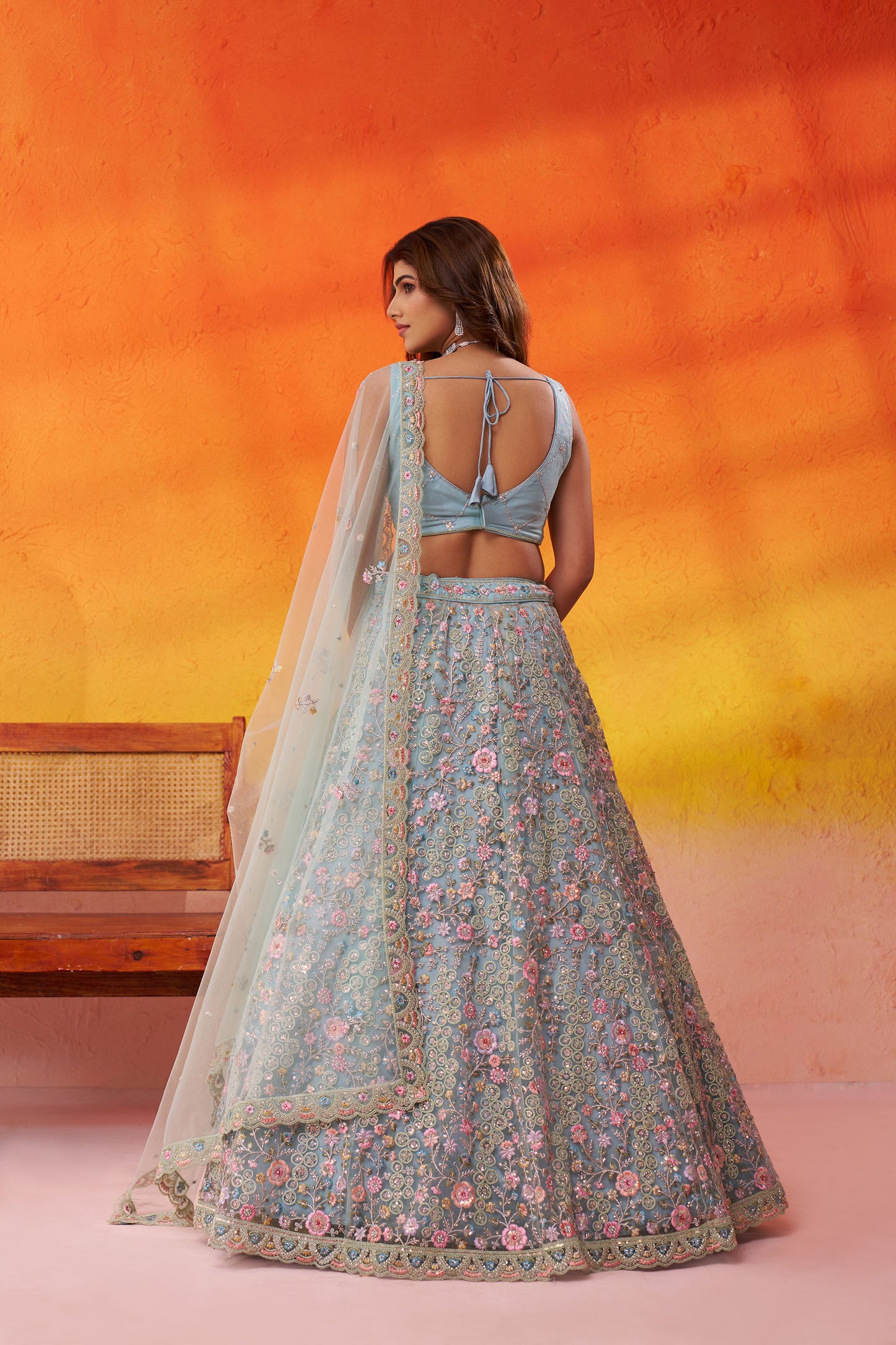 Sea Green Net Heavy Sequins & Floral Embroidery Bridal Lehenga