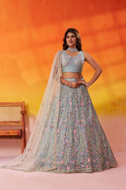 Sea Green Net Heavy Sequins & Floral Embroidery Bridal Lehenga