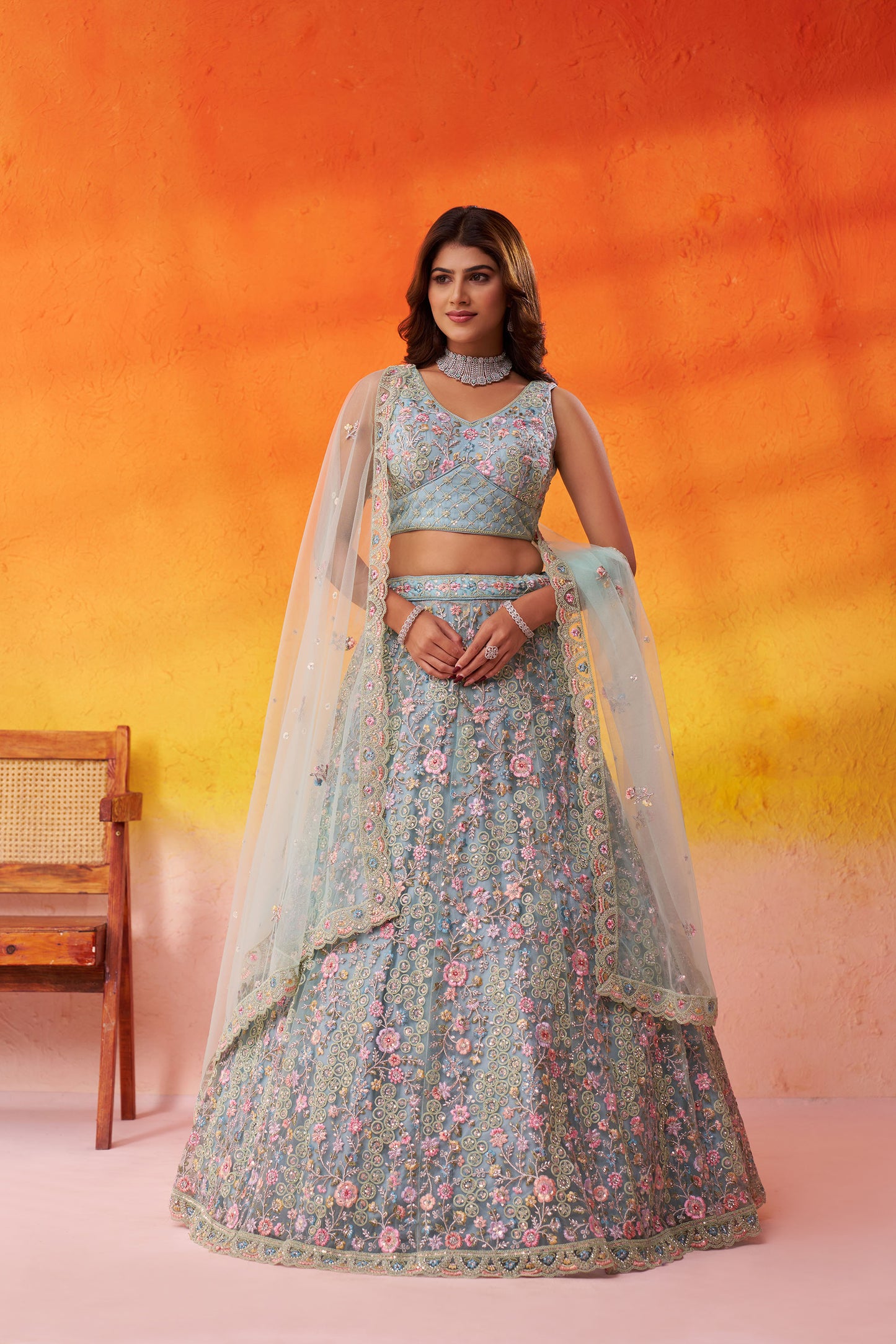 Sea Green Net Heavy Sequins & Floral Embroidery Bridal Lehenga