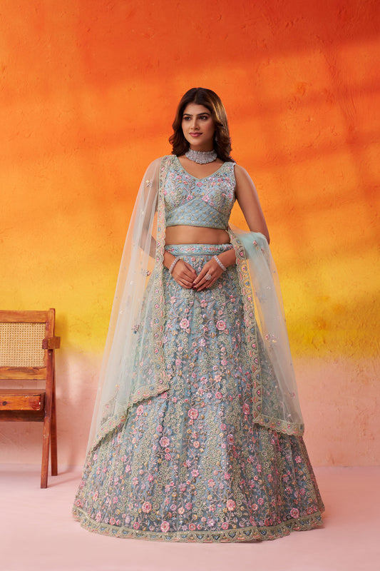Sea Green Net Heavy Sequins & Floral Embroidery Bridal Lehenga