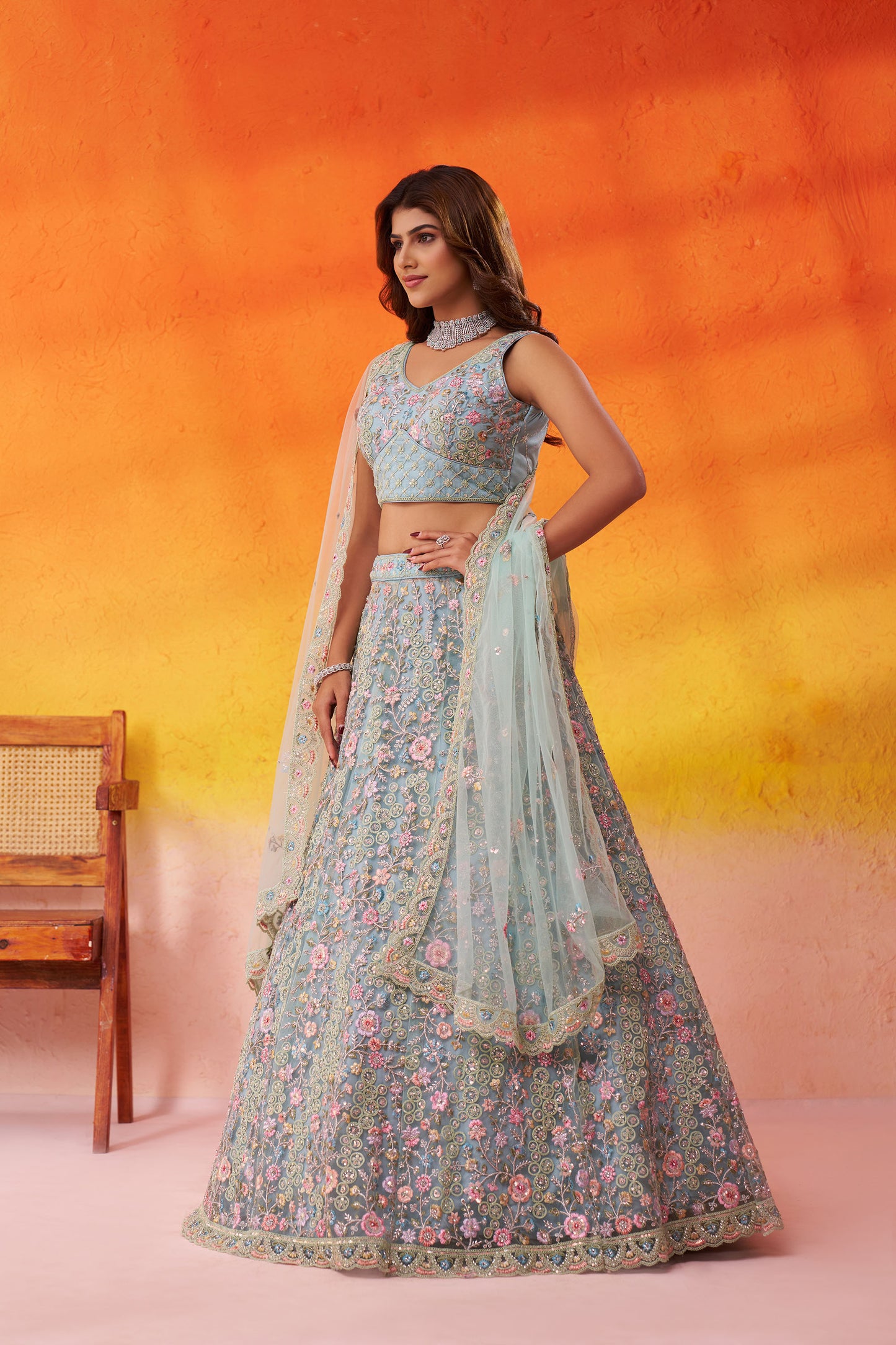 Sea Green Net Heavy Sequins & Floral Embroidery Bridal Lehenga
