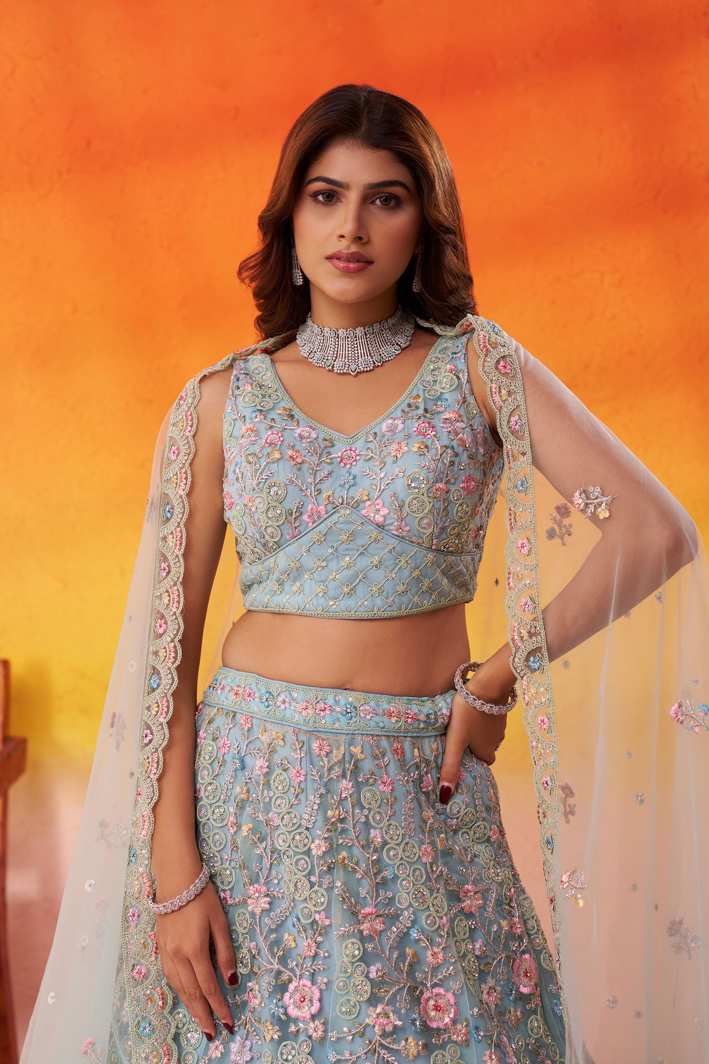 Sea Green Net Heavy Sequins & Floral Embroidery Bridal Lehenga