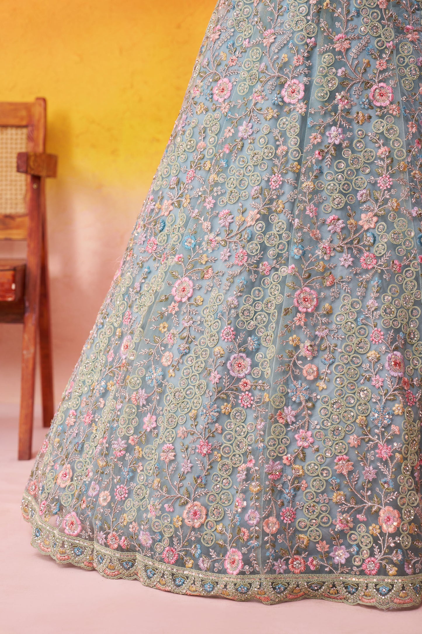 Sea Green Net Heavy Sequins & Floral Embroidery Bridal Lehenga