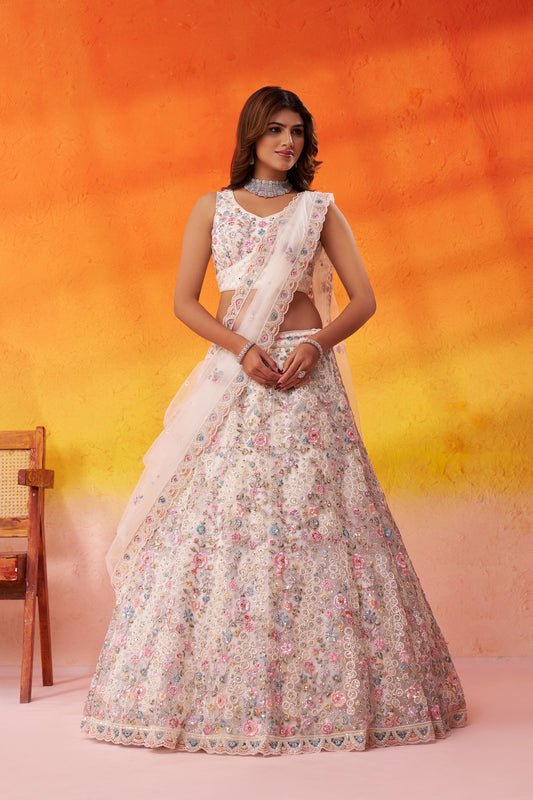 White Net Heavy Sequins & Floral Embroidery Bridal Lehenga