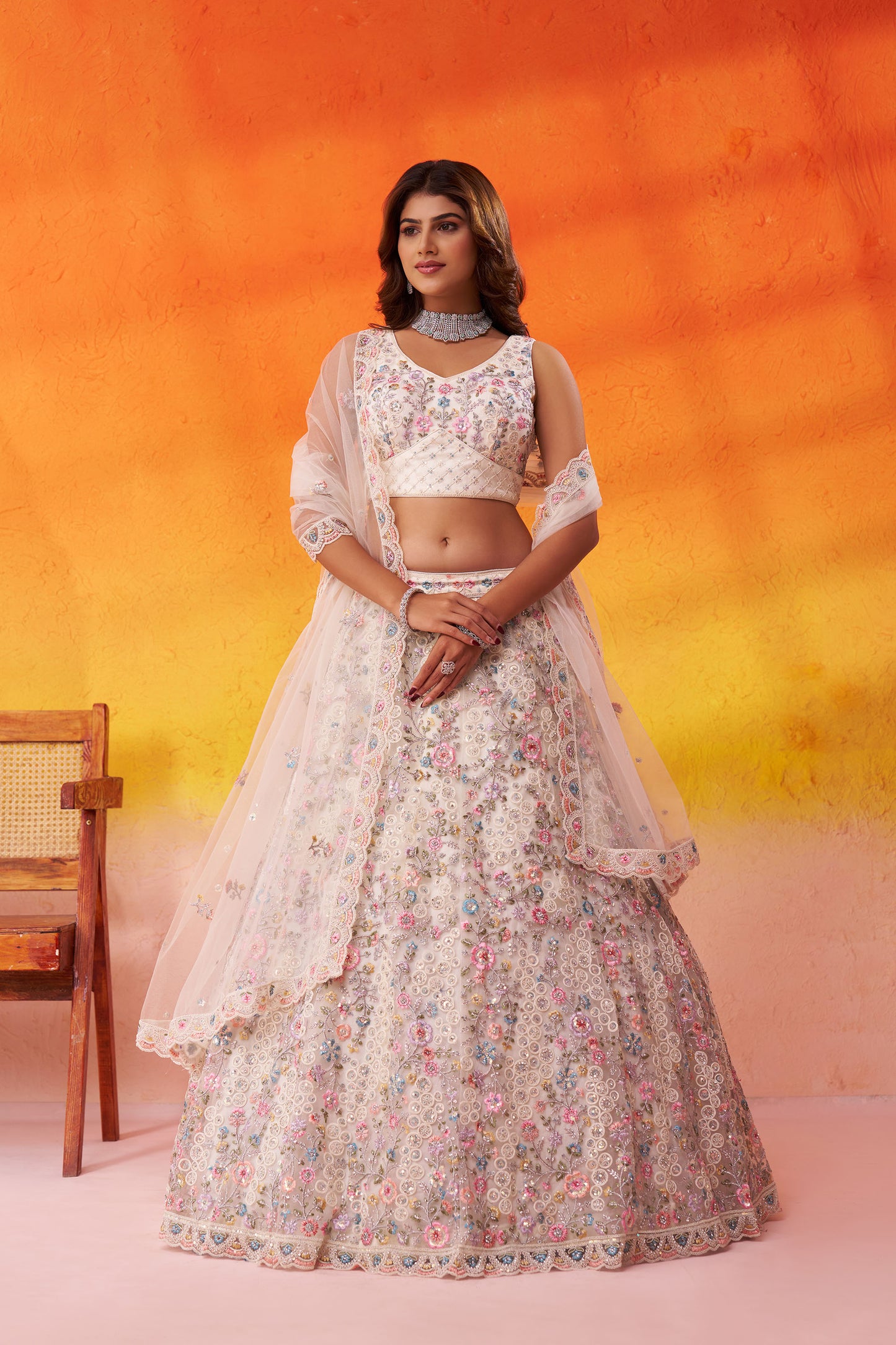 White Net Heavy Sequins & Floral Embroidery Bridal Lehenga