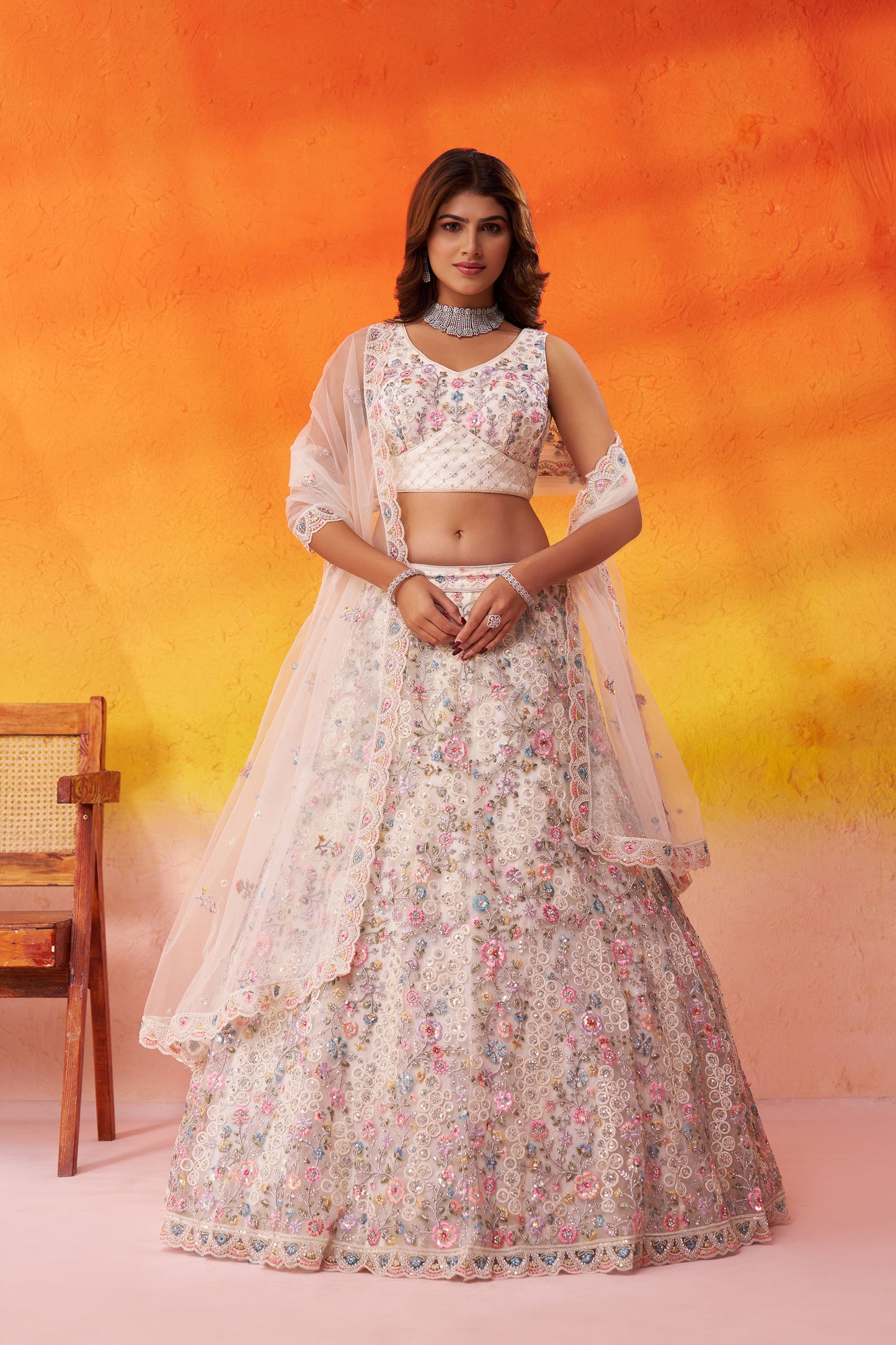 White Net Heavy Sequins & Floral Embroidery Bridal Lehenga