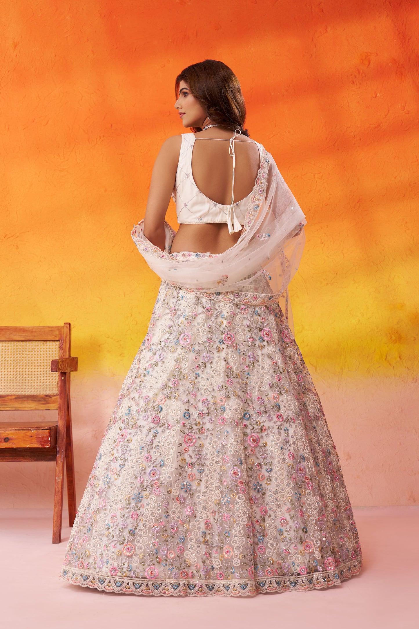 White Net Heavy Sequins & Floral Embroidery Bridal Lehenga