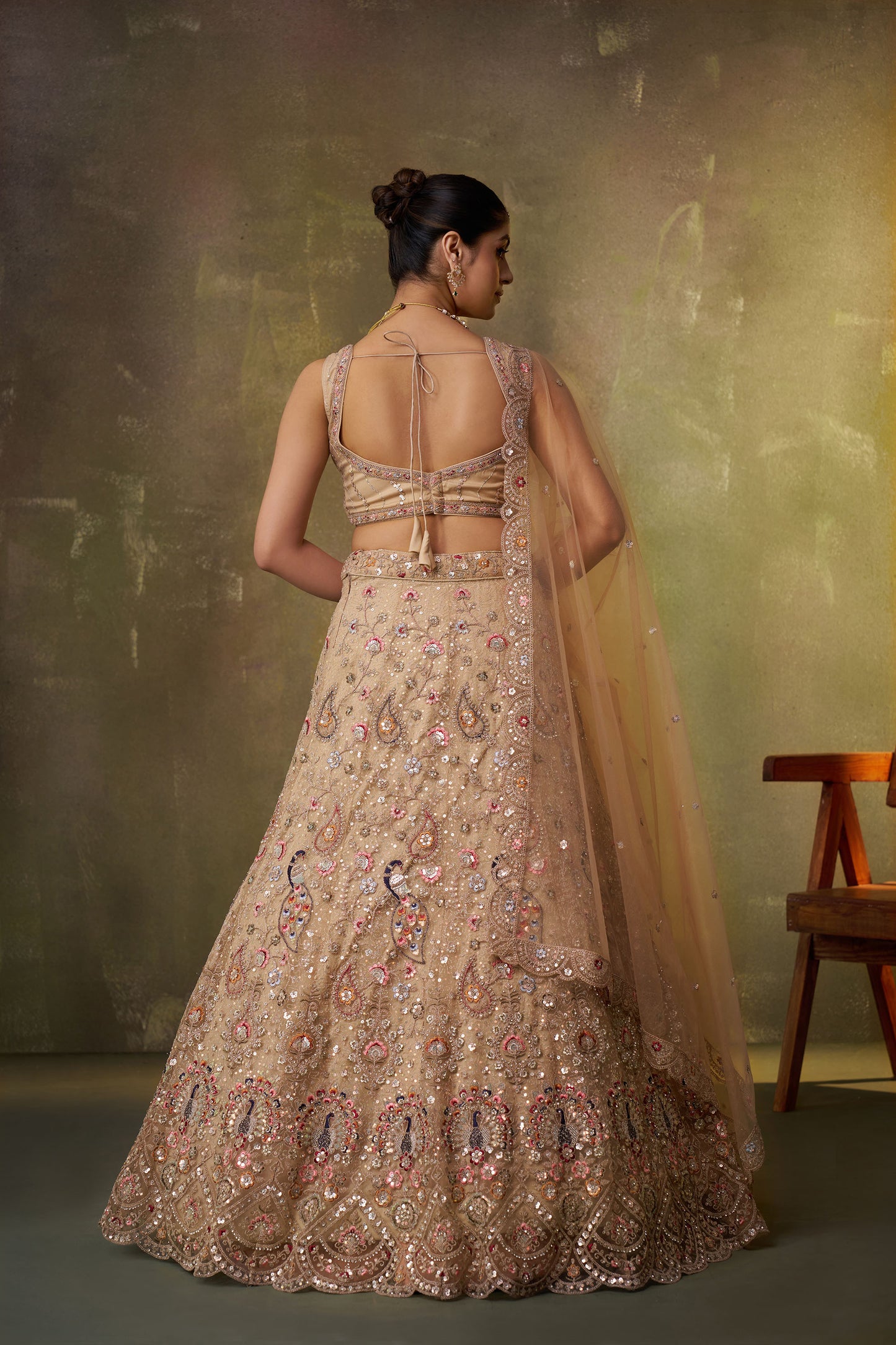 Beige Net Heavy Sequins & Peacock Embroidery Bridal Lehenga