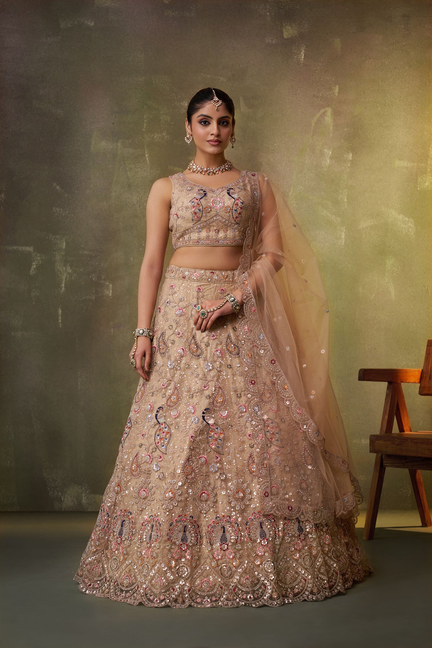Beige Net Heavy Sequins & Peacock Embroidery Bridal Lehenga