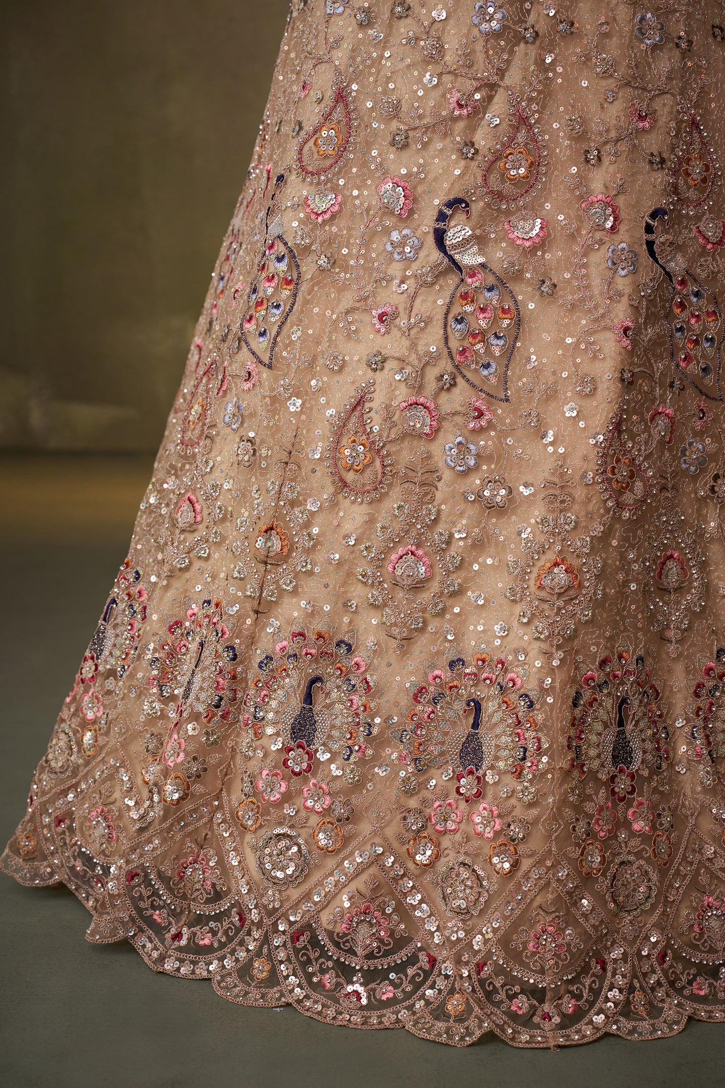 Beige Net Heavy Sequins & Peacock Embroidery Bridal Lehenga