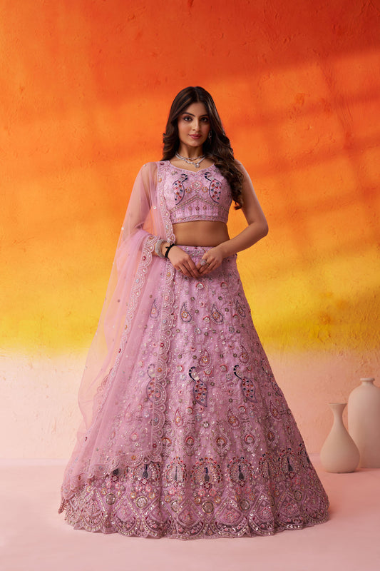 Pink Net Heavy Sequins & Peacock Embroidery Bridesmaid Lehenga
