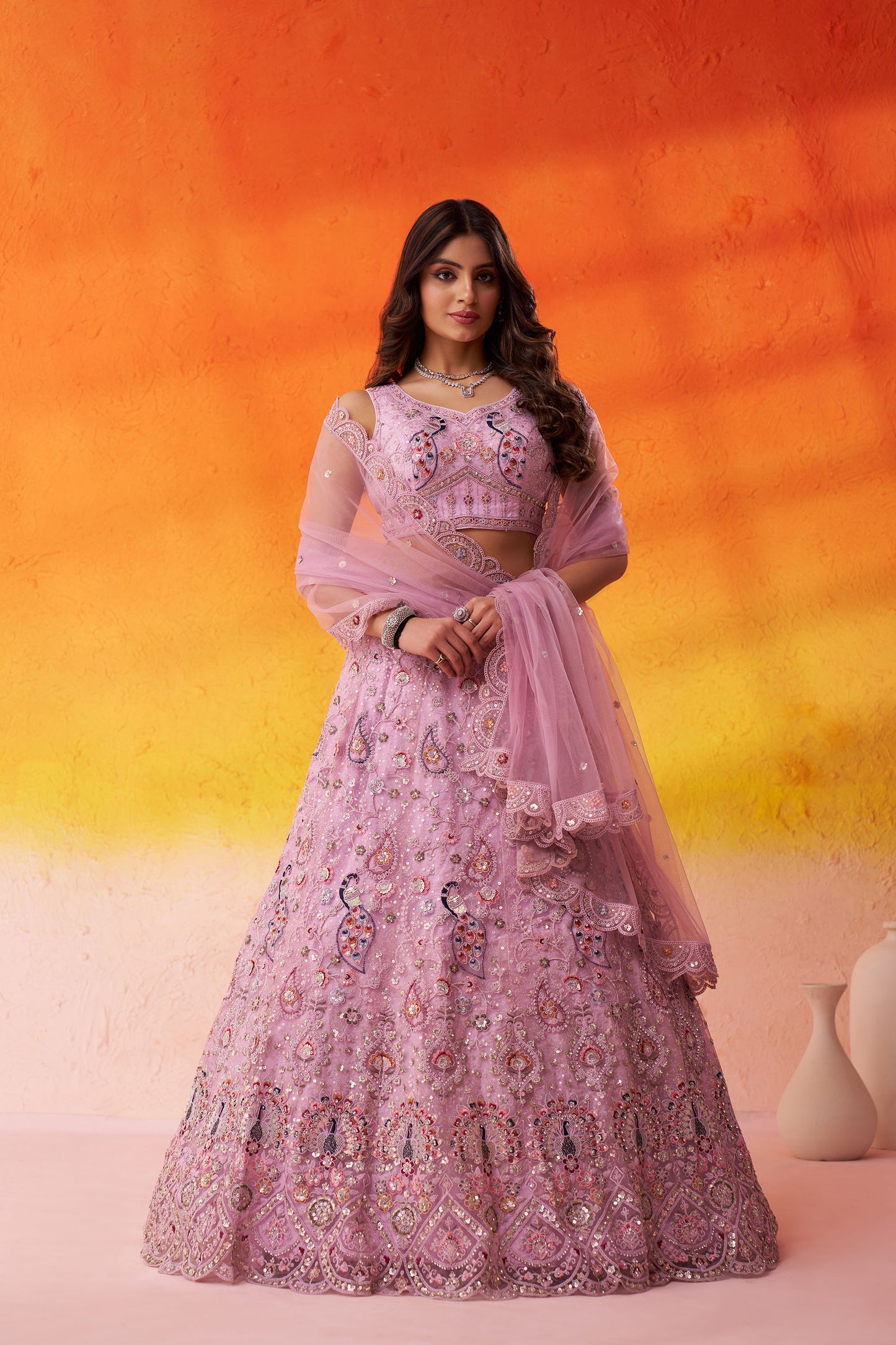 Pink Net Heavy Sequins & Peacock Embroidery Bridesmaid Lehenga