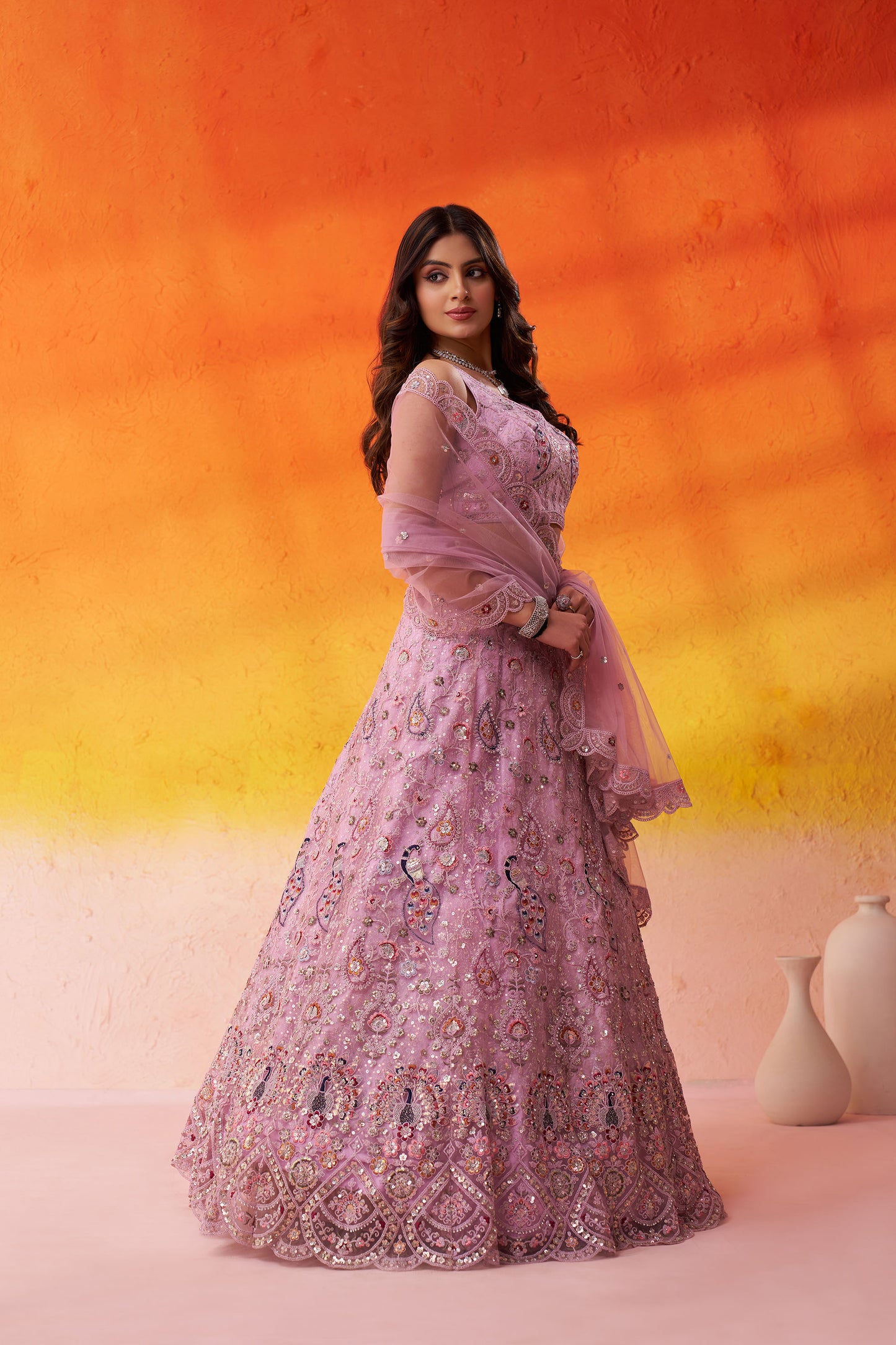 Pink Net Heavy Sequins & Peacock Embroidery Bridesmaid Lehenga
