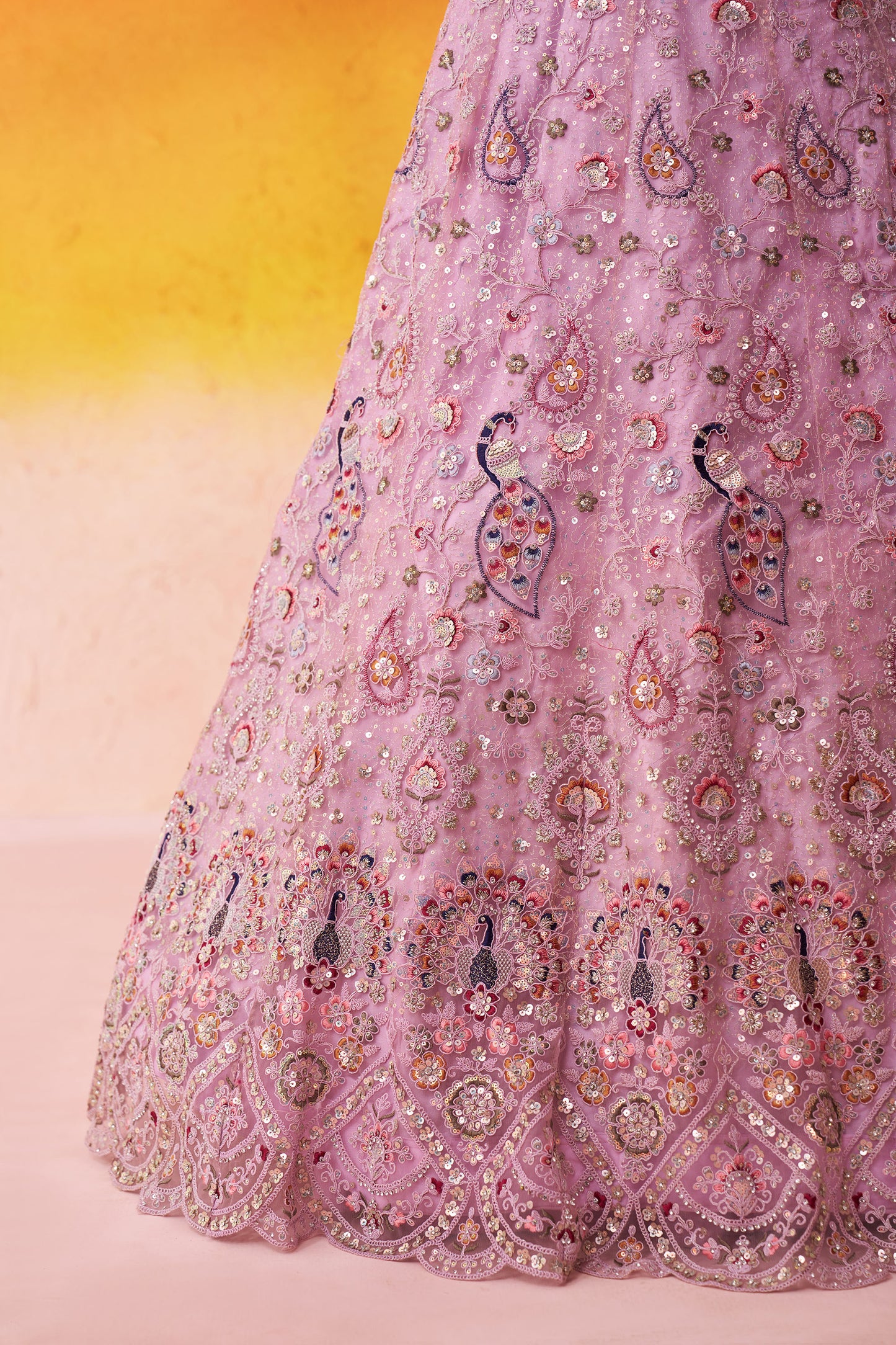 Pink Net Heavy Sequins & Peacock Embroidery Bridesmaid Lehenga
