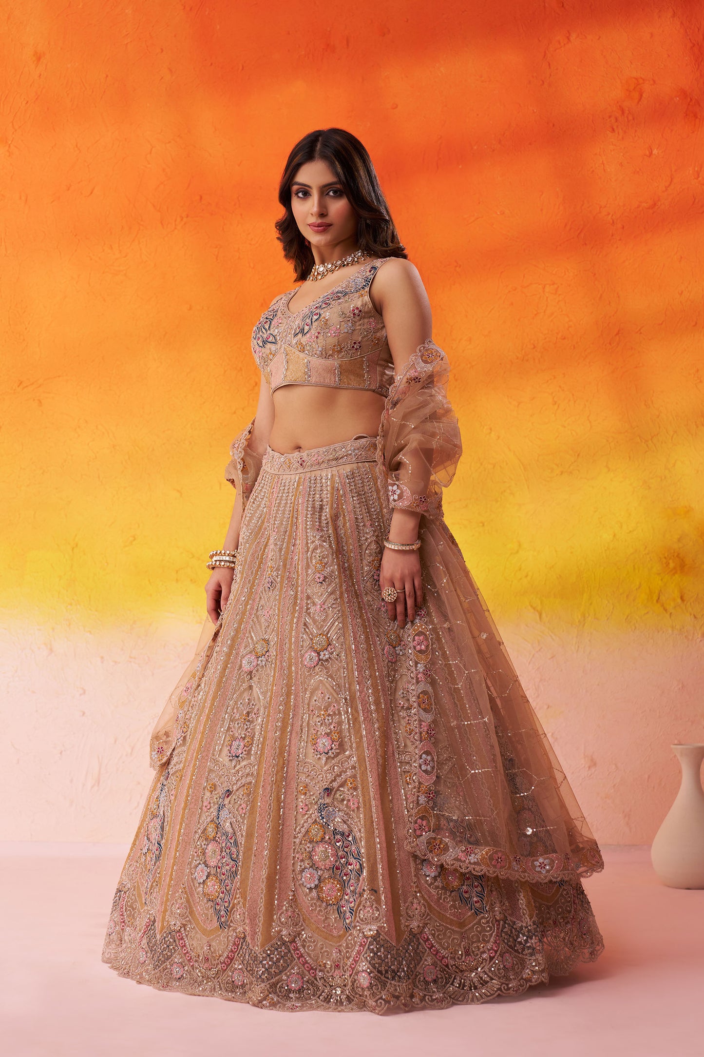 Beige Net Heavy Sequins & Peacock Embroidery Bridesmaid Lehenga