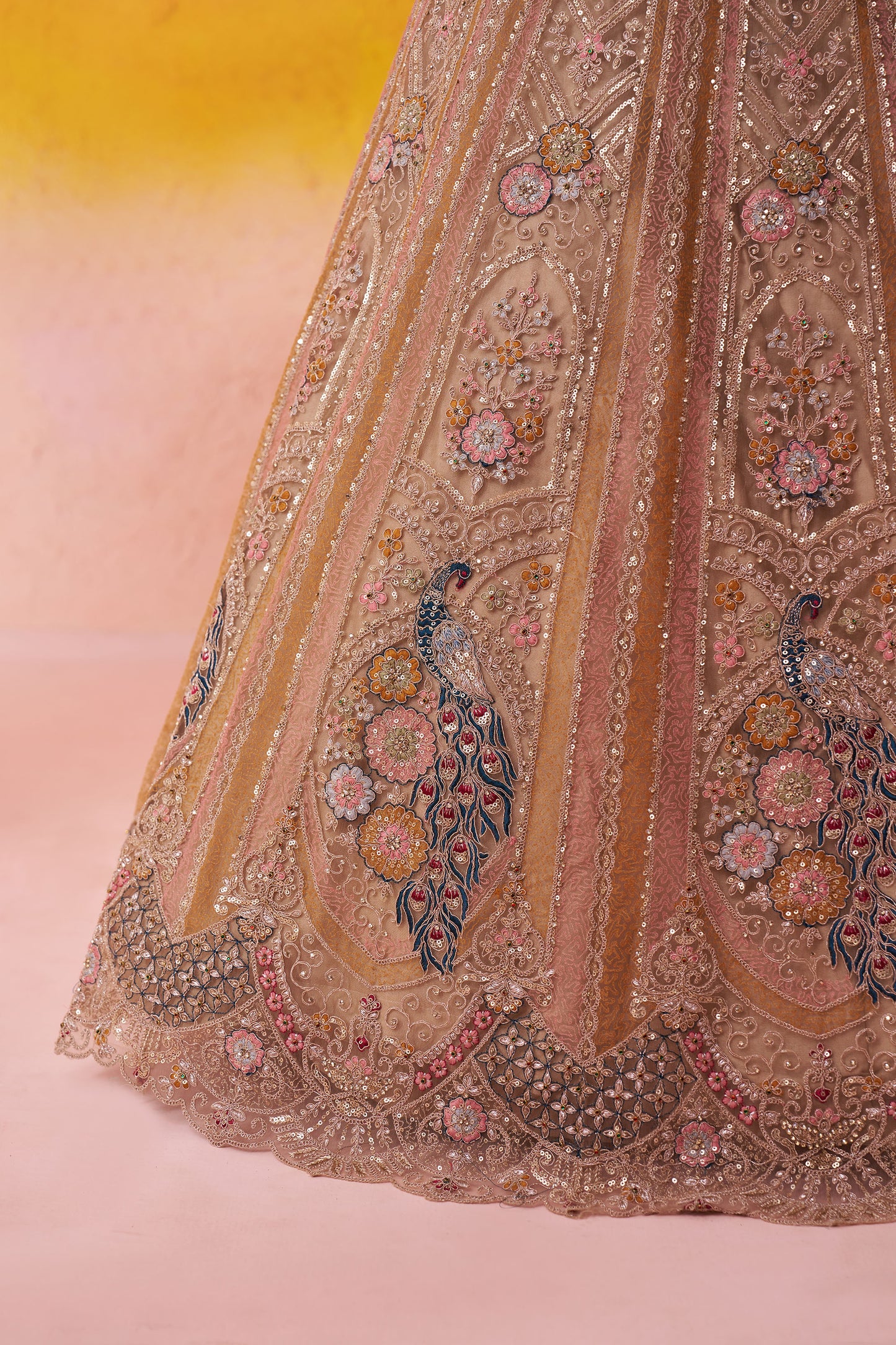 Beige Net Heavy Sequins & Peacock Embroidery Bridesmaid Lehenga