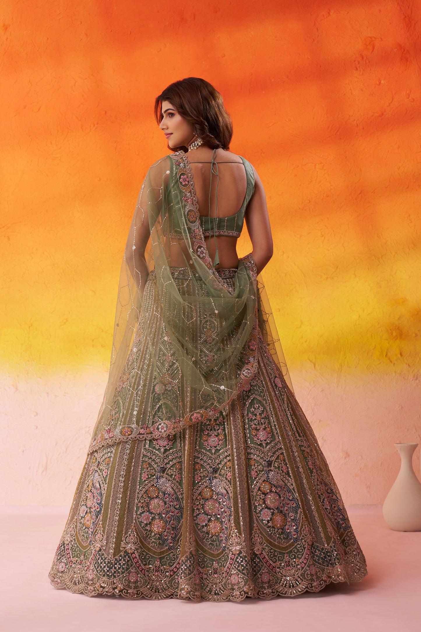 Lime Green Net Heavy Sequins & Coding Embroidery Mehendi Lehenga