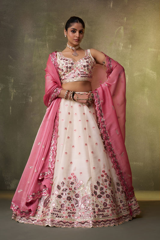 Cream Organza Sequins & Gota Embroidery Wedding Guest Lehenga