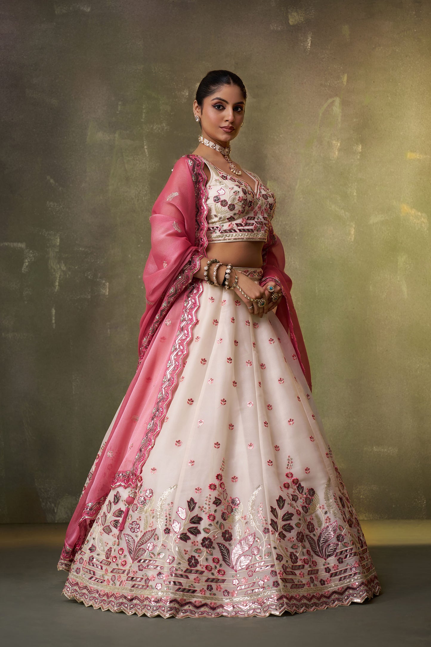 Cream Organza Sequins & Gota Embroidery Wedding Guest Lehenga
