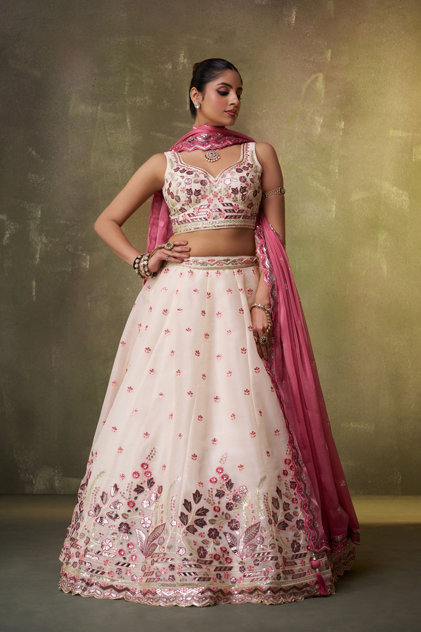 Cream Organza Sequins & Gota Embroidery Wedding Guest Lehenga