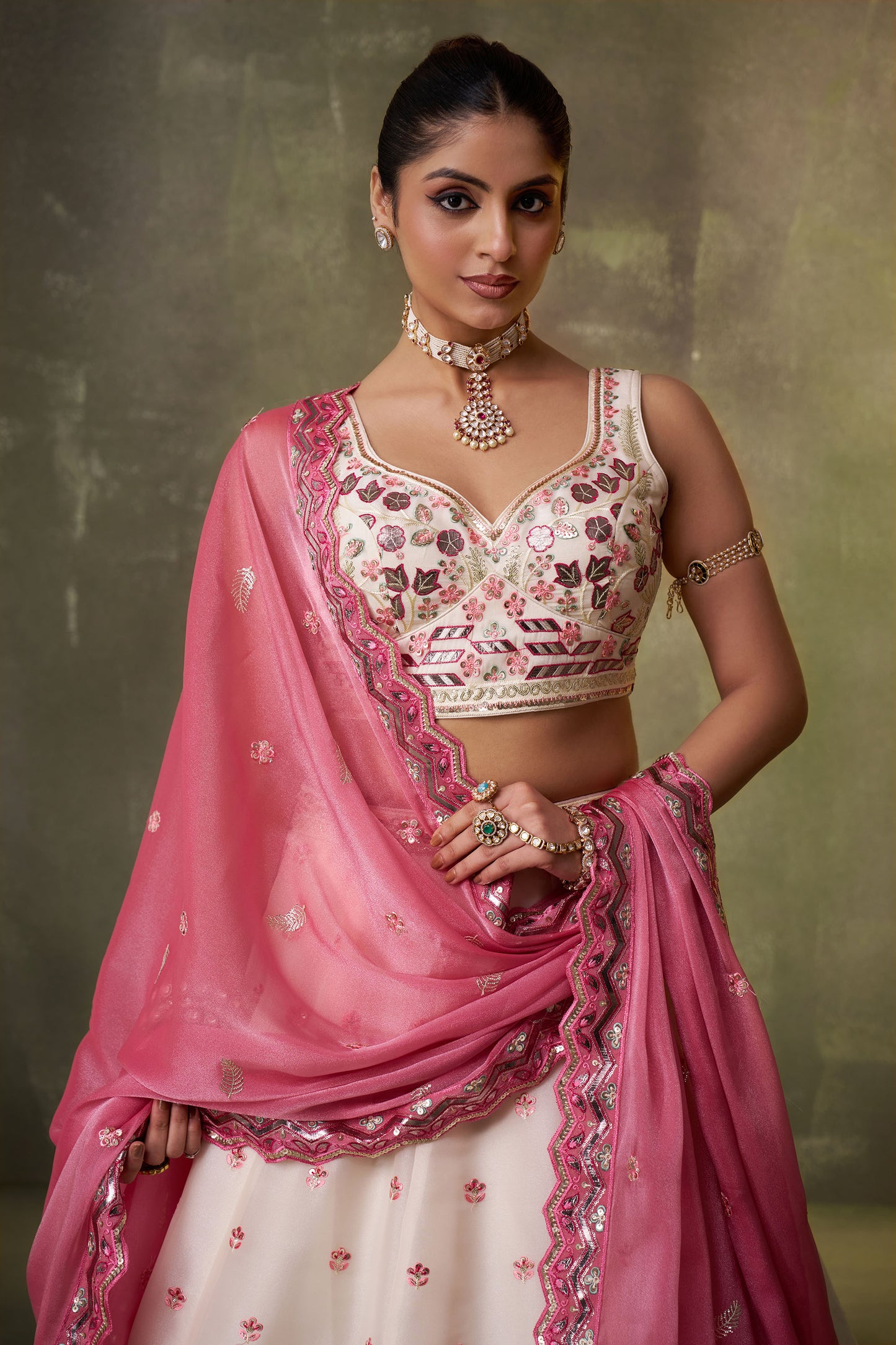 Cream Organza Sequins & Gota Embroidery Wedding Guest Lehenga