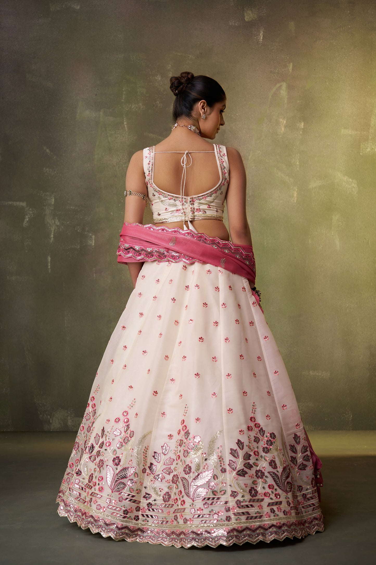 Cream Organza Sequins & Gota Embroidery Wedding Guest Lehenga