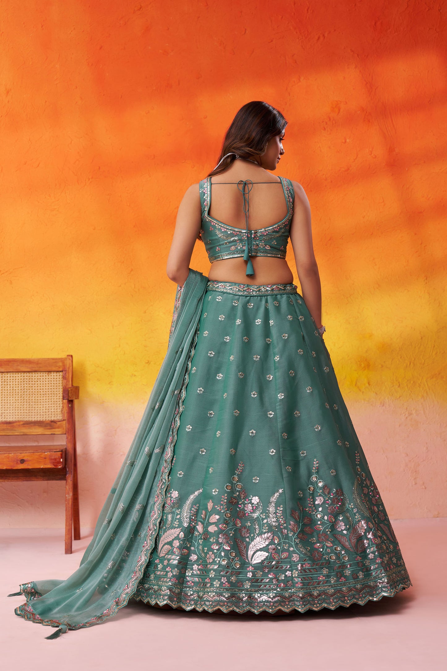 Green Organza Sequins & Gota Embroidery Wedding Guest Lehenga