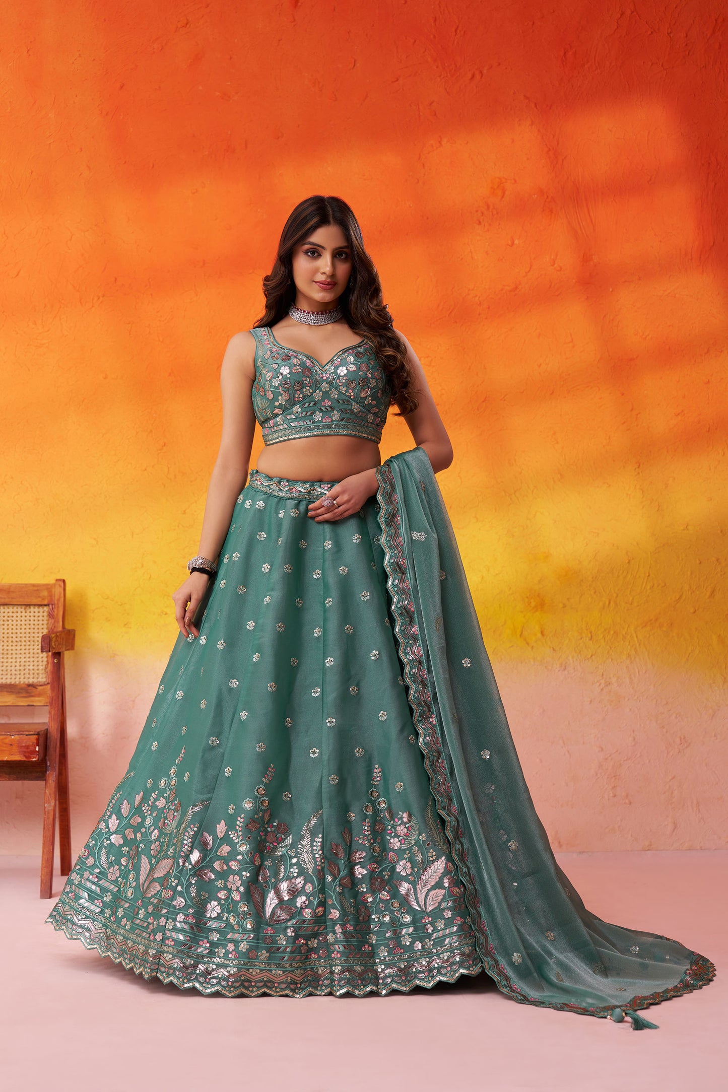 Green Organza Sequins & Gota Embroidery Wedding Guest Lehenga