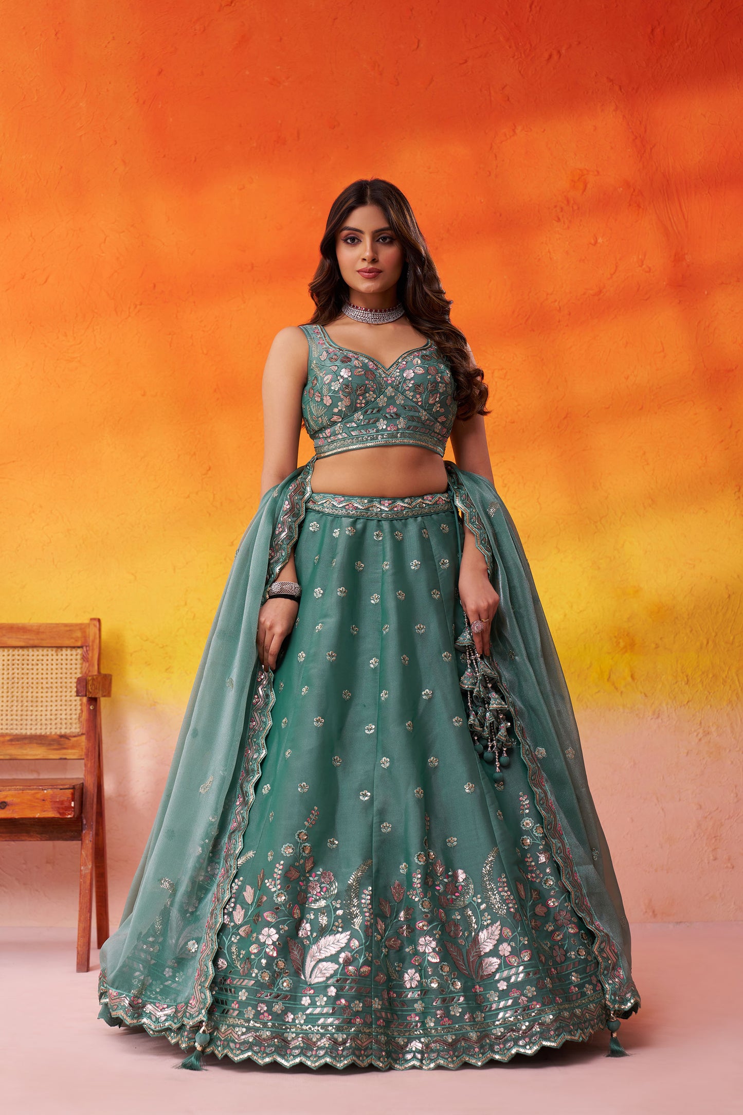 Green Organza Sequins & Gota Embroidery Wedding Guest Lehenga