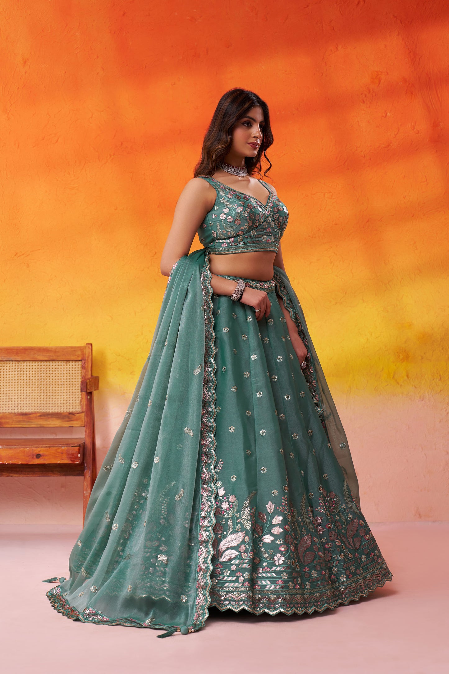 Green Organza Sequins & Gota Embroidery Wedding Guest Lehenga