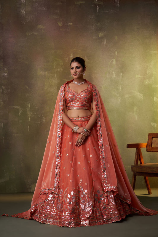 Orange Organza Sequins & Gota Embroidery Bridesmaid Lehenga
